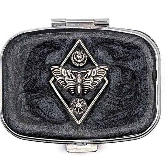 Black and Silver Moth Pill Box - Tilted Trinket Designs