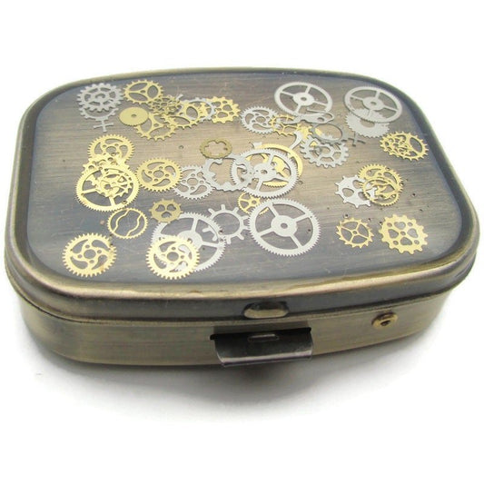 Buy Online Unique and High Quality Bronze Steampunk Pill Box, Clockwork Small Pill Box, Mint Case, Vitamin Box, Medication Holder, Epoxy Resin Sweet Box, Victorian Edwardian Pill Box - Tilted