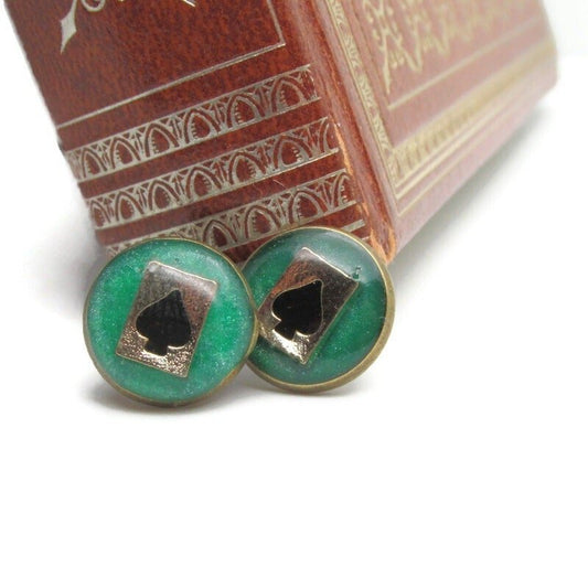 Buy Online Unique and High Quality Handmade Gold and Green Ace of Spades Playing Card Stud Earrings  - Tilted Trinket Designs