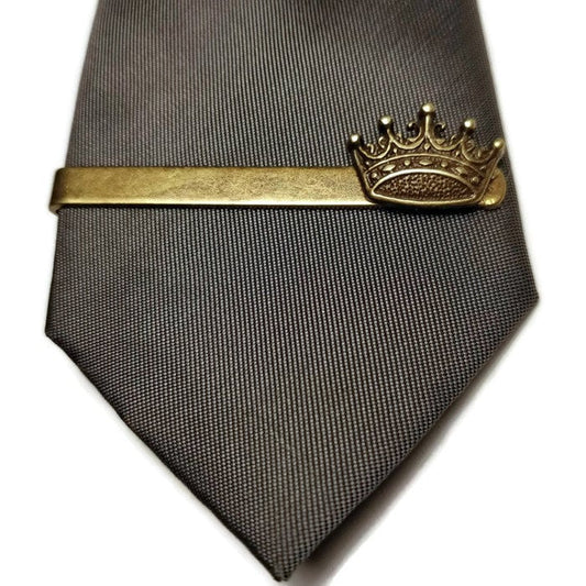 Vintage Crown Tie Clip Bar, Kings and Queen Metallic Royal Theme Suit Accessory in Bronze Tone, Business Jewelry Gift for Him Her Groom Men - Tilted Trinket Designs